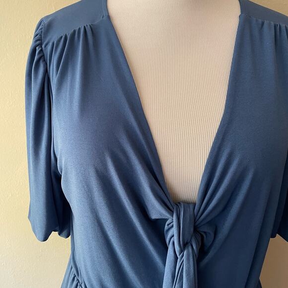 Eloquii Plus Size Slate Blue Tie Neck Midi Dress - Picture 2 of 6